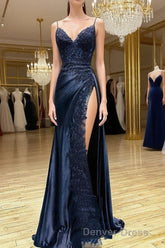 Dark Blue V Neck Satin Lace Long Prom Dresses, Dark Blue Lace Long Evening Dresses