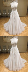 Wh V Neck Tulle Long Prom Dresses, Lace Evening Dresses, White Lace Wedding Dresses