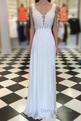White A-line chiffon lace long prom Dresses, white bridesmaid Dresses