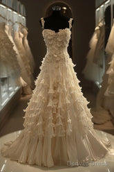 White A-Line Spaghetti Straps Chiffon Satin Long Wedding Dress With Beaded Appliques Simple Prom Dress