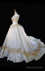 White A-Line Strapless Satin Sequins Long Prom Dress Embroidered Applique Wedding Dress