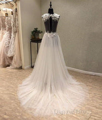 White A-Line Tulle Lace Long Prom Dresses, White Wedding Dresses