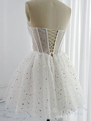 White A-Line Tulle Star Short Prom Dresses, White Cute Homecoming Dresses