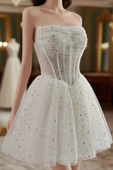 White A-Line Tulle Star Short Prom Dresses, White Cute Homecoming Dresses