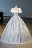 White And Gray Printed Long Ball Gowns, Elegant Short Sleeve Prom Gowns