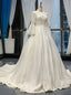 White Ball Gowns Satin High Neck Puff Sleeve Wedding Dresses With Beading