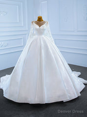 White Ball Gown Satin Long Sleeve Beaidng Wedding Dress With Bow
