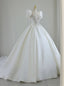White Ball Gowns Satin Puff Sleeve Beading Wedding Dresses