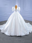 White Ball Gowns Satin V Neck Puff Sleeve Wedding Dresses