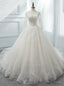 White Ball Gowns Scoop Long Sleeve Tulle Wedding Dresses With Beading