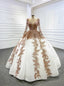 White Ball Gowns Tulle Gold Sequins Appliques V Neck Prom Dresses