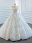 White Ball Gown Tulle Long Sleeve Beading Sequins 3D Flower Wedding Dress