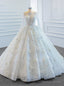 White Ball Gowns Tulle Long Sleeve Beading Sequins 3D Flower Wedding Dresses