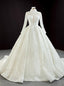 White Ball Gowns Tulle Long Sleeve High Neck Pearls Wedding Dresses
