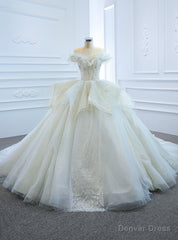 White Ball Gown Tulle Sequins Appliques Off the Shoulder Wedding Dress