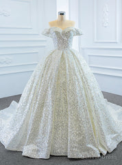 White Ball Gown Tulle Sequins Off the Shoulder Pearls Wedding Dress