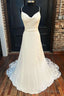 White Cowl Neck Cutout Back Lace Trimmed Long Wedding Dresses Beautiful