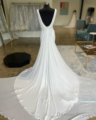 White Cowl Neck Open Back Mermaid Long Wedding Dress Pure Color