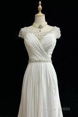 White Elegant A-Line Chiffon V-Neck Long Prom Dresses With Beading Simple Wedding Dresses