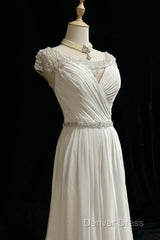 White Elegant A-Line Chiffon V-Neck Long Prom Dresses With Beading Simple Wedding Dresses