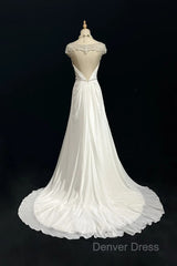 White Elegant A-Line Chiffon V-Neck Long Prom Dresses With Beading Simple Wedding Dresses