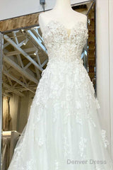 White Floral Applique Sweetheart Long Wedding Dress With Sweeping Train Beautiful