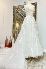 White Floral Applique Sweetheart Long Wedding Dress With Sweeping Train Beautiful