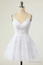 White Homecoming Dresses Spaghetti Straps Short Prom Dresses A-line V-neck Tulle Lace Backless
