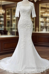 White Jewel Half Sleeve Mermaid Wedding Dresses