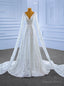 White Lace Deep V Neck Beading Long Sleeve Wedding Dresses