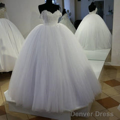 White Lace Off Shoulder Tulle Wedding Dresses Ball Gowns
