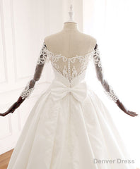 White Lace Satin Long Wedding Dress, Lace Satin Long Bridal Gown