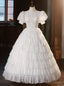 White Lace Short Sleeve Tiers Wedding Dresses
