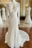 White Lace V Neck Lace Up Back Long Sleeve Mermaid Wedding Dresses Sexy