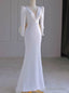 White Long Sleeve V Neck Backless Wedding Dresses
