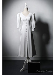 White Long Sleeve V-neck Button Wedding Dress