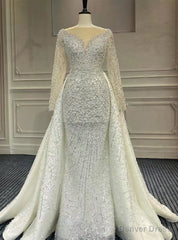 White Mermaid Heavy Beading Long Sleeve Backless Wedding Dress