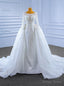 White Mermaid Long Sleeve Perals Beading Wedding Dresses With Detachable Train