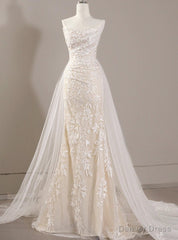 White Mermaid Pleats Lace Strapless Wedding Dress