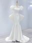 White Mermaid Satin Puff Sleeve Wedding Dresses With Bow