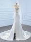 White Mermaid Satin Tulle V Neck Appliques Beading Wedding Dresses With Split
