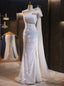 White Mermaid Sequins One Shoulder Prom Dresses
