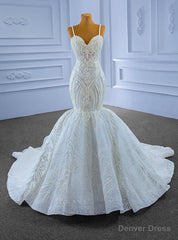 White Mermaid Sequins Spaghetti Straps Pearls Wedding Dress