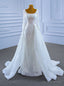 White Mermaid Sequins Square Long Sleeve Pearls Wedding Dress
