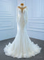 White Mermaid Tulle High Neck Long Sleeve Appliques Wedding Dresses