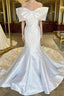 White Off The Shoulder Bow Trumpet Long Wedding Dresses Pure Color