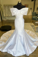 White Off-The-Shoulder Bow Trumpet Long Wedding Dress Pure Color