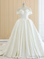 White Off The Shoulder Satin Wedding Dresses With Long Train