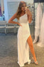 White One Shoulder Sequins Prom Dresses with Slit