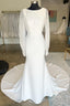 White Open Back Long Wedding Dress With Long Sleeves Pure Color